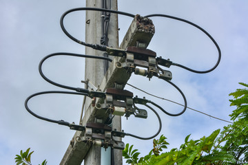 High voltage fuse,High voltage current line structure in close up. View of electrical distribution...