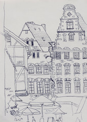 Medieval market square in Bremen with old baroque buildings into the fest original lineart drawing illustration
