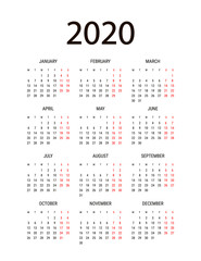 Calendar layout 2020 year. Week starts from Monday. Simple black and red numbers minimalist design. Vector illustrations