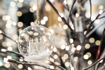 December Christmas decoration on Christmas tree bruches close up, blurred lights in the background...