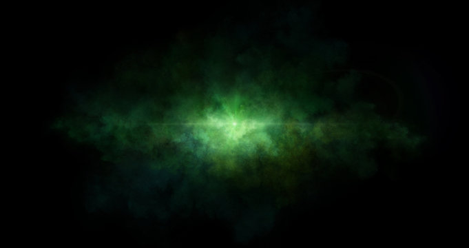 Abstract nebula clouds of color smoke on black texture universe background. Colored fluid powder explosion, dust, galaxy, green smoke liquid abstract clouds design for banner, web, landing page, cover
