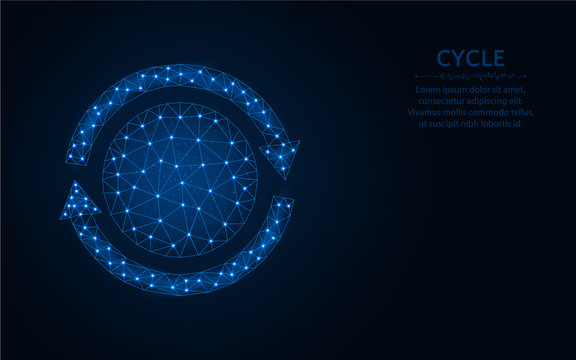 Cycle low poly design, rotation wireframe mesh polygonal vector illustration made from points and lines on dark blue background