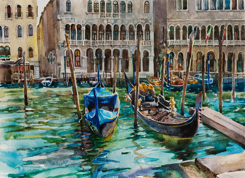 Two gondolas at Grand Canal station near Palazzo Communale, Venice, Italy, original watercolor art painting