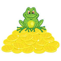 A happy frog is sitting on a mountain of gold coins. In cartoon style. Isolated on white background. Vector illustration.