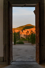 Obraz premium Mountains seen from the doorway of Cuenca Cathedral, Cuenca, Cuenca Province, Castilla La Mancha, Spain