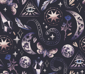  Magical and mystical characters. Stock illustration with moon phases, rose, stars, feather and night butterfly. Seamless patterns