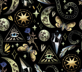  Magical and mystical characters. Stock illustration with moon phases, rose, stars, feather and night butterfly. Seamless patterns