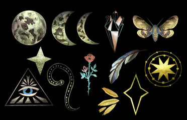  Magical and mystical characters. Stock illustration with moon phases, rose, stars, feather and night butterfly.  isolated objects