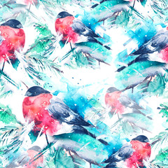 Seamless watercolor pattern with a picture of a bird, bullfinch. A bird on a spruce branch. The bird is red. Watercolor card. Bullfinch in the forest on a branch of spruce, cedar, pine. Snow branch