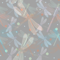 Seamless abstract pattern. Translucent pink and blue dragonflies and polka dots on a gray background.