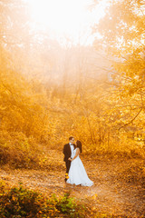 Beautiful stylish bride with elegant groom on the background of beautiful trees in the autumn park
