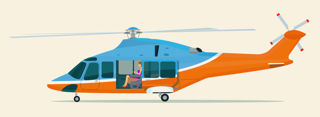 Helicopter with an open passenger door and businesswoman inside. Vector illustration.