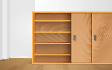 wooden wardrobe and wooden showcase in the white room