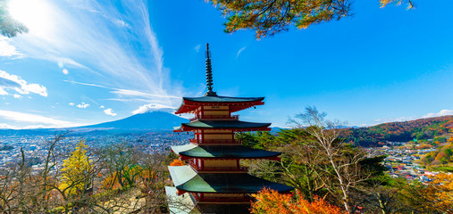 Beautiful view from Chureito Pagoda in Autumn season with mountain Fuji wearing hat in the background. Fujiyoshida, Japan.