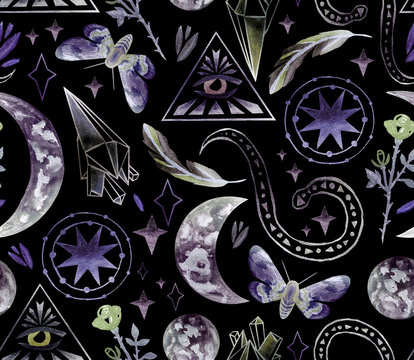  Magical and mystical characters. Stock illustration with moon phases, rose, stars, feather and night butterfly. Seamless patterns