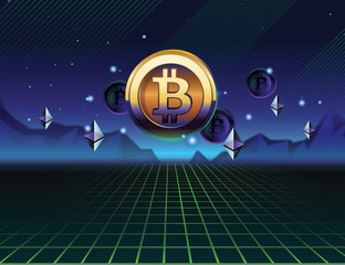 Bitcoin vector illustration. Cryptocurrency bitcoin on dark neon 3D background. 80s background. Free space fotr text.