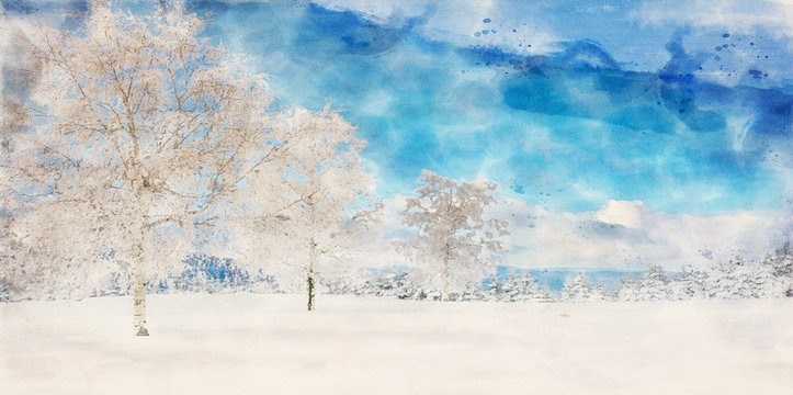Winter landscape. Winter dream landscape in watercolor style. Wintertime. Blue sky. Wild nature.