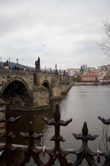 Obraz premium The main attraction of the Czech capital city of Prague is the Charles Bridge on Christmas Eve with many tourists and a view of the Vltava River.