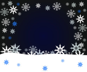 Blue background with snowflakes and place for text. New Year card or poster.