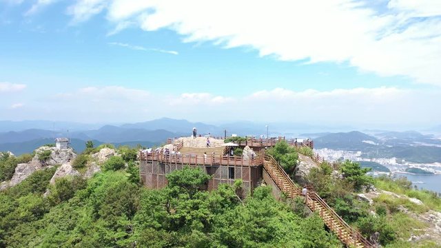 Tongyeong, South Korea 30 August 2019: 4K Aerial Drone Footage View of Mireuk Mountain. The mountain has a fantastic view overlooking the south sea..