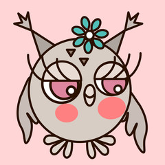 emoticon with owl with flushed face feeling ashamed, shy or upset girl with blushed cheeks looking down, vector emoji in color, simplistic colorful clip art