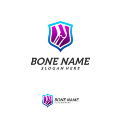 Bone shield logo. Healthy bone Icon. Knee bones and joints care protection logo template. Medical flat logo design. Vector of human body health. Emblem symbol.