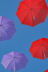 Many umbrellas are hung in the air as installation art.