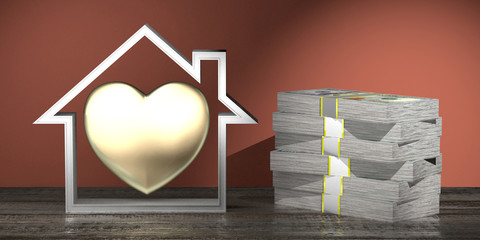 House shape, heart, money - real estate concept - 3D rendering