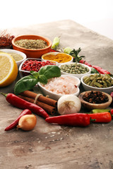 Spices and herbs on table. Food and cuisine ingredients for good cooking