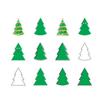 Set of flat vector Christmas tree illustrations isolated on a white background.