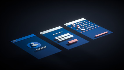 UX UI Flowchart. 3D Ilustration Mobile User Design Concept. Application. Blue