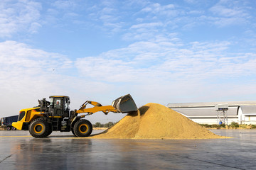 Wheel loader machine unloading paddy rice at rice mill in thailand.