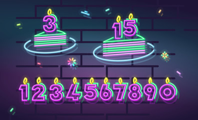 Neon anniversary set with candle numbers and cakes. Night illuminated wall for social network post or logo. Isolated illustrations on brick wall background.