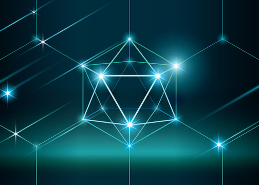 Word blockchain with low polygonal sphere. 3D hexahedron with glow. Futuristic style vector illustration.
