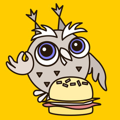 emoticon with gourmet owl  that standing near a hamburger, with great pleasure & showing italian bellissimo gesture, foodie eating a tasty food