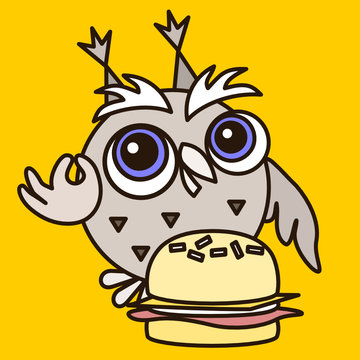 emoticon with gourmet owl  that standing near a hamburger, with great pleasure & showing italian bellissimo gesture, foodie eating a tasty food