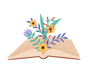 Opened Book in Hard Cover With Floral Compositions Peeped Out From it Vector Illustration