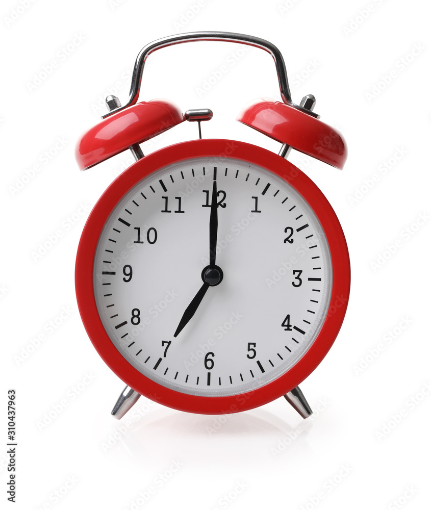 Wall mural red alarm clock set at seven isolaten over white background