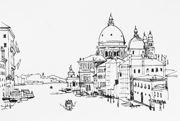 Venice veiw on Grand canal from Academia bridge to Santa Maria della Salute archinectural drawing ink sketch illustration