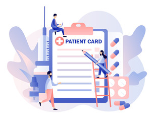 Online doctor concept. Patient consultation to the doctor. Online Medical Service. Tiny people doctors with patient card. Modern flat cartoon style. Vector illustration on white background
