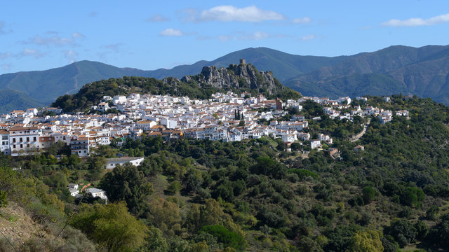Aerial view of houses in a town, Algatocin, Malaga Province, Spain