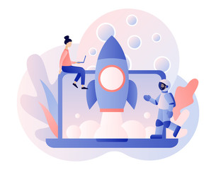 Lunar mission space exploration. Tiny people launches a rocket in space. Spaceship travel to moon. Rocket flying around Moon orbit. Astronauts in space. Modern flat cartoon style. Vector illustration