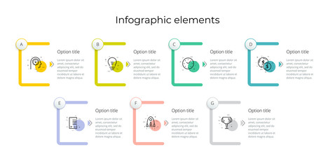 Business process chart infographics with 7 step rectangles. Rectangular corporate workflow graphic elements. Company flowchart presentation slide template. Vector info graphic design.