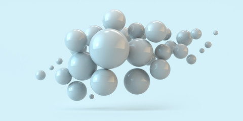 Flying spheres on a blue background. 3d rendering. Illustration for advertising.