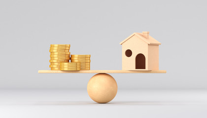 Wooden scales. House and gold coins on a white background. 3d render illustration.