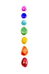 Chakra stones, crystals in a row on white background, isolated