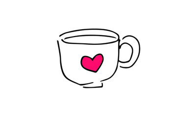 hand-drawn tea or coffee mug with heart. cute tea, coffee, Valentine Doodle art. use it as a clipart in greeting cards, print on clothes, animation, packaging