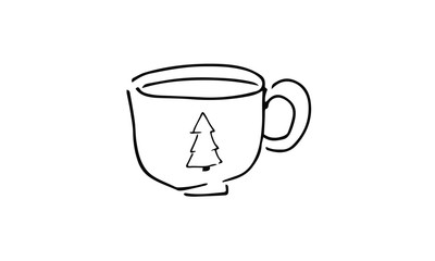hand-drawn tea or coffee mug with x-mas tree. cute tea, coffee, Valentine Doodle art. use it as a clipart in greeting cards, print on clothes, animation, packaging