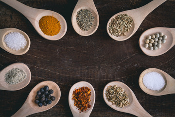 Various spices in wooden spoon on wood table background