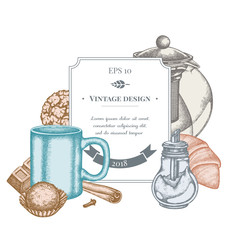 Badge design with pastel cinnamon, bar, croissants and bread, teapots, cups, sugar bowl, cookie, truffle